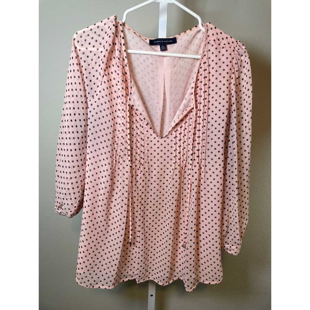 Tommy Hilfiger Blouse Women's XL Pink Polka Dot‎ Pleated V-Neck Chiffon Career